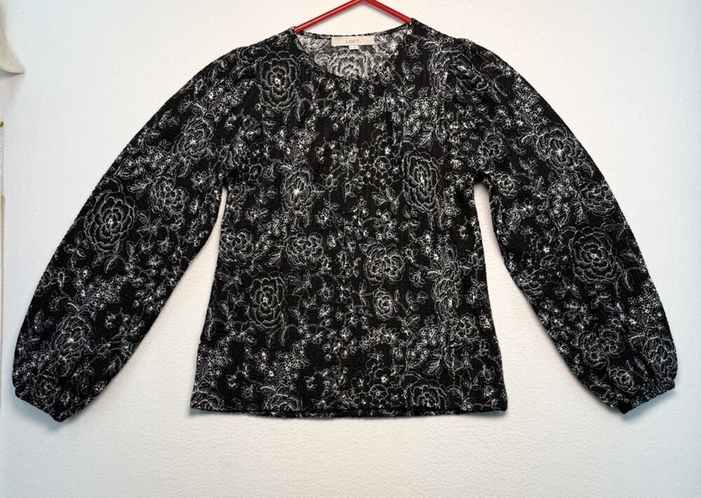 Loft Women’s Shirt S Cotton Blend Black White Floral Peasant Puffy Long Sleeve